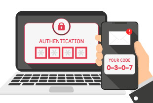 Graphic of laptop and phone with authentication code.